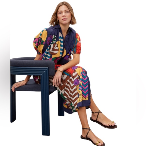 Carolina K- Valerie Pleated Kaftan Vibrant Multicolor Midi Dress Size Small - Picture 2 of 8